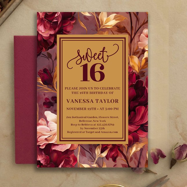 Trendy Sweet 16 Burgundy Roses Gold Invitation (Trendy Sweet 16 Burgundy Roses Gold Invitation)