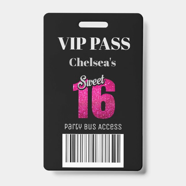 Trendy Sweet 16 Bus Access Barcode Invitation VIP  ID Badge (Front)