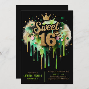 Trendy Sweet 16 Leopard Print Green Gold  Invitation