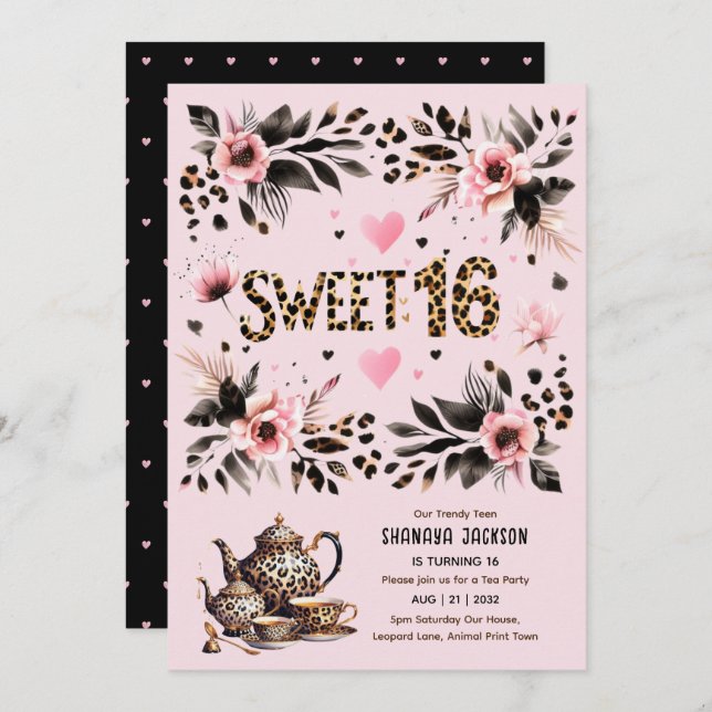 Trendy Sweet 16 Leopard Print Tea Party Invitation (Front/Back)