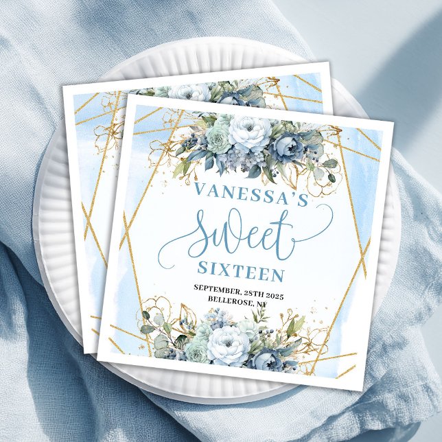 Trendy Sweet Sixteen Dusty Blue Floral Table  Napkin (Trendy Sweet Sixteen Dusty Blue Floral Table Napkins)