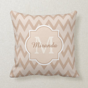 Trendy Tan Brown Chevron Zigzag Name and Monogram Cushion