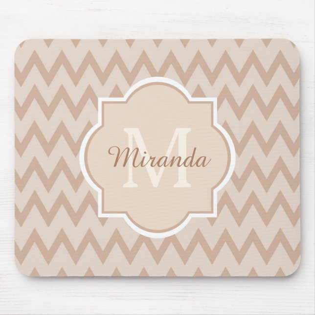 Trendy Tan Brown Chevron Zigzag Name and Monogram Mouse Pad (Front)