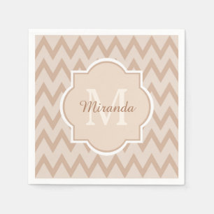 Trendy Tan Brown Chevron Zigzag Name and Monogram Napkin