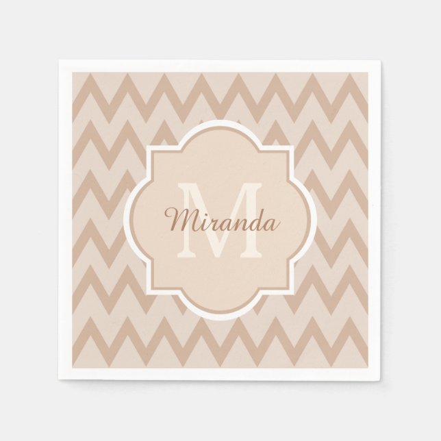 Trendy Tan Brown Chevron Zigzag Name and Monogram Napkin (Front)