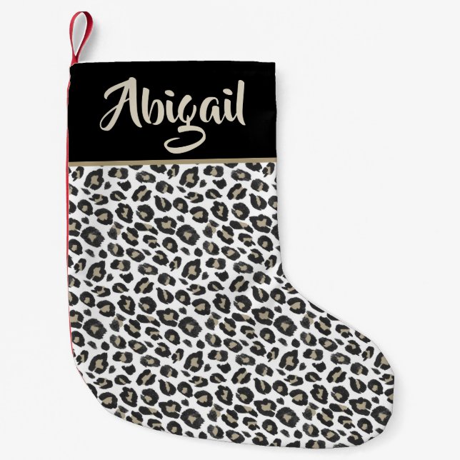 Trendy Tan Leopard Print - Personalised Small Christmas Stocking (Front)