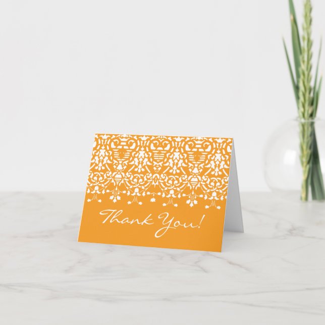 Trendy Tangerine Damask Thank You Note Card (Front)