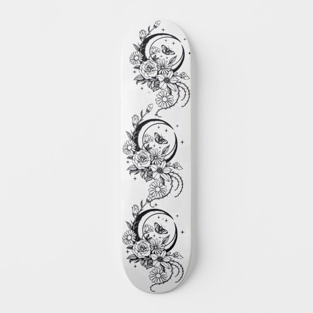Trendy Tattoo Style Floral Crescent Moon Deck Skateboard (Front)