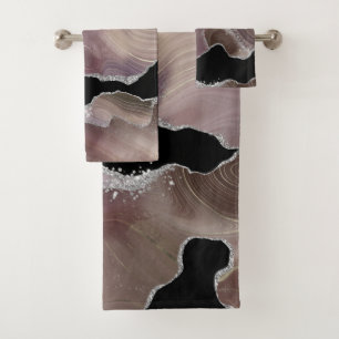 Trendy Taupe & Black Agate Silver Glitter Bath Towel Set