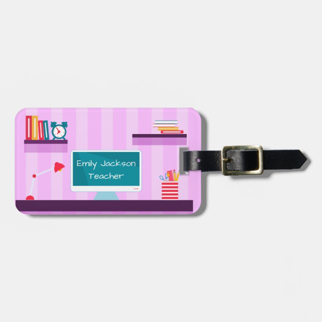 Trendy Teacher Purple Stripes Luggage Tag (Front Horizontal)