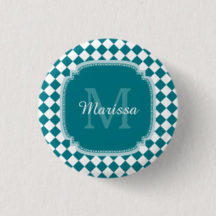 Trendy Teal and White Checked Monogrammed Name 3 Cm Round Badge