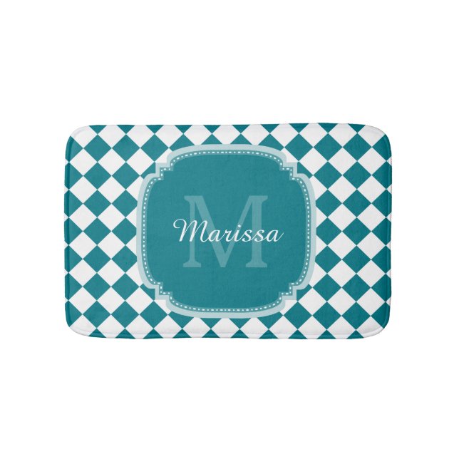 Trendy Teal and White Checked Monogrammed Name Bath Mat (Front)