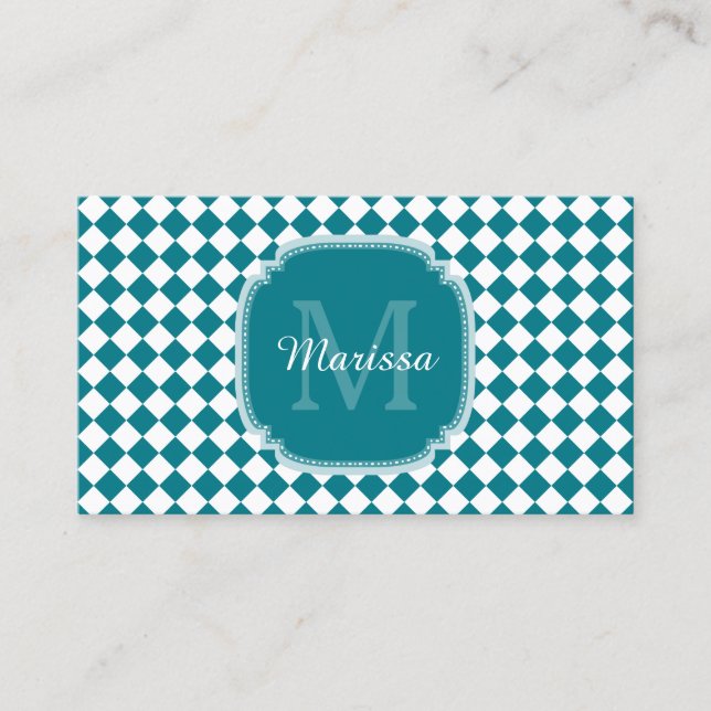 Trendy Teal and White Checked Monogrammed Name Business Card (Front)