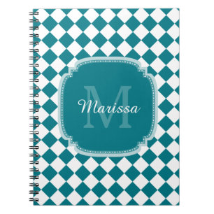 Trendy Teal and White Checked Monogrammed Name Notebook