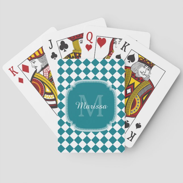 Trendy Teal and White Checked Monogrammed Name Playing Cards (Back)