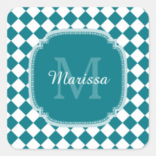 Trendy Teal and White Checked Monogrammed Name Square Sticker
