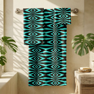Trendy Teal & Black Op Art Geometric Pattern Bath Towel Set