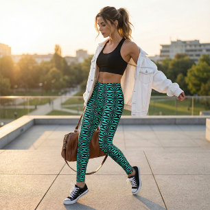 Trendy Teal & Black Op Art Geometric Pattern Leggings