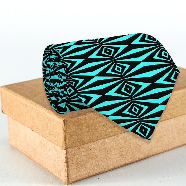 Trendy Teal & Black Op Art Geometric Pattern Tie (Creator Uploaded)