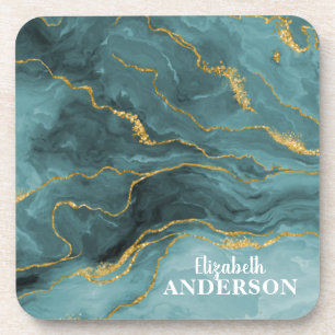 Trendy Teal Blue Gold Agate Geode Marble Monogram  Coaster