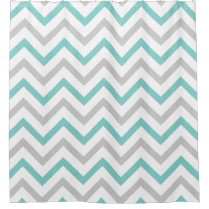 Trendy Teal Blue, Grey and White Chevron Pattern Shower Curtain