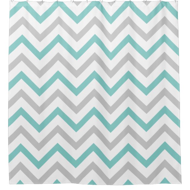 Trendy Teal Blue, Grey and White Chevron Pattern Shower Curtain (Front)