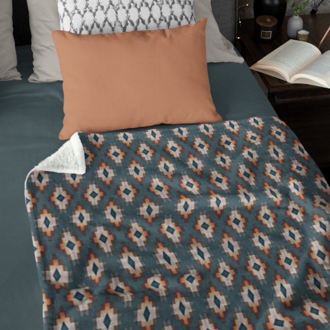 Trendy Teal Blue Orange Dark Brown Grey Tribal Art Fleece Blanket (Creator Uploaded)