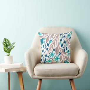 Trendy Teal Blue Pink Blush White Floral Monogram Cushion