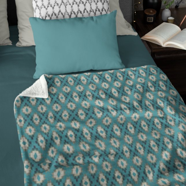 Trendy Teal Blue Taupe Brown Beige Grey Tribal Art Fleece Blanket (Creator Uploaded)