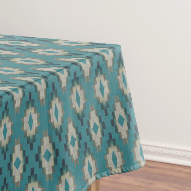 Trendy Teal Blue Taupe Brown Beige Grey Tribal Art Tablecloth (In Situ)
