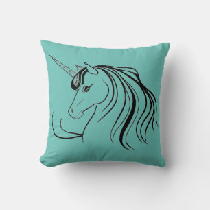 Trendy Teal Blue Unicorn Line Art Cushion Pillow