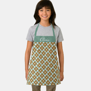 Trendy Teal Caramel Retro Groovy Flowers Seamless Apron