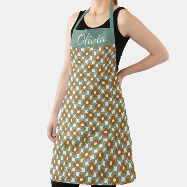 Trendy Teal Caramel Retro Groovy Flowers Seamless Apron (Insitu)