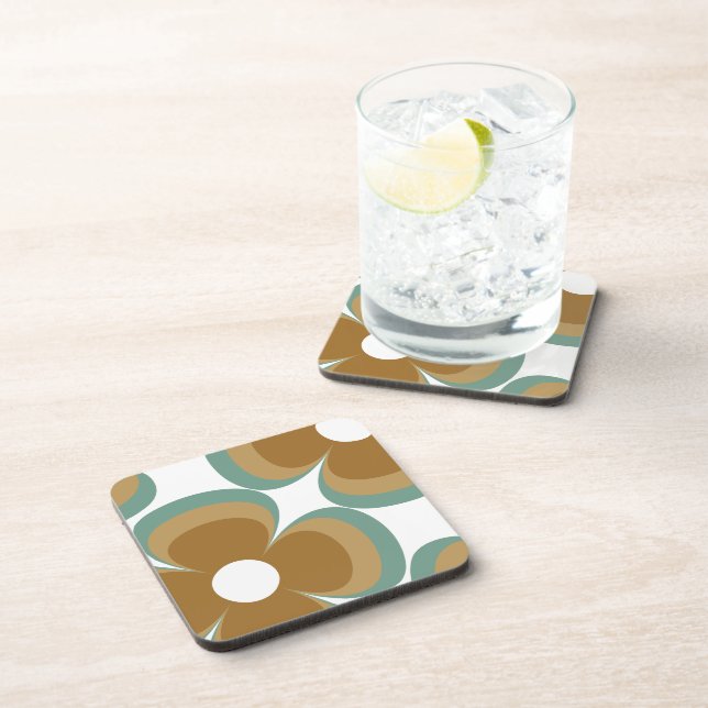 Trendy Teal Caramel Retro Groovy Flowers Seamless Coaster (Right Side)
