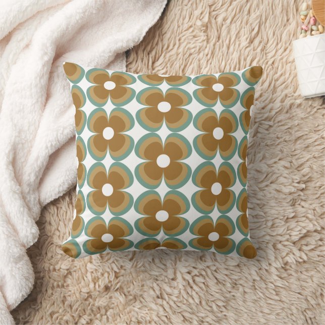 Trendy Teal Caramel Retro Groovy Flowers Seamless Cushion (Blanket)