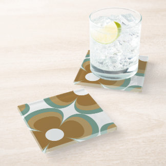 Trendy Teal Caramel Retro Groovy Flowers Seamless Glass Coaster