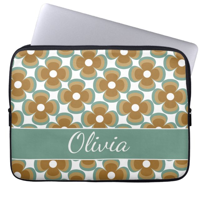 Trendy Teal Caramel Retro Groovy Flowers Seamless Laptop Sleeve (Front)