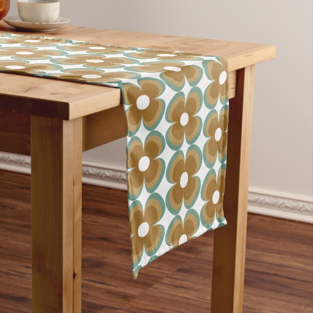 Trendy Teal Caramel Retro Groovy Flowers Seamless Long Table Runner (In Situ)