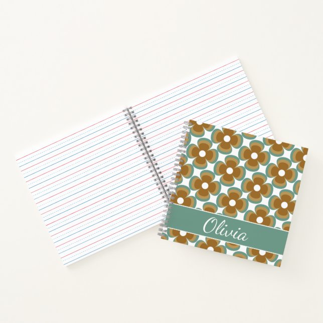Trendy Teal Caramel Retro Groovy Flowers Seamless Notebook (Inside)