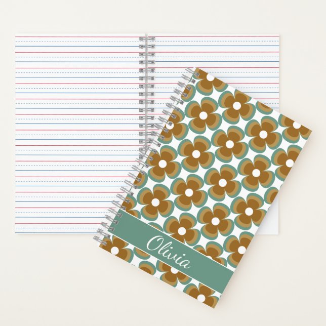 Trendy Teal Caramel Retro Groovy Flowers Seamless Notebook (Inside)