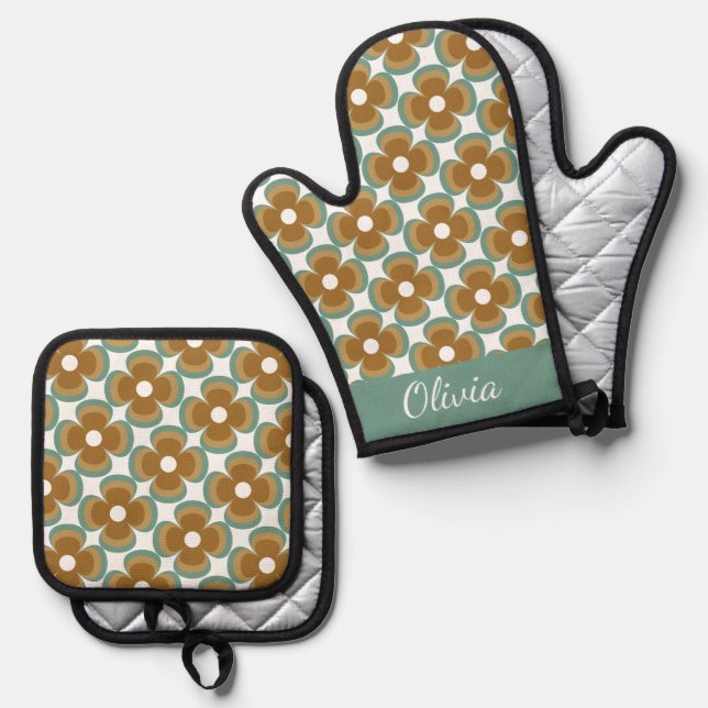 Trendy Teal Caramel Retro Groovy Flowers Seamless Oven Mitt & Pot Holder Set (Front/Back)