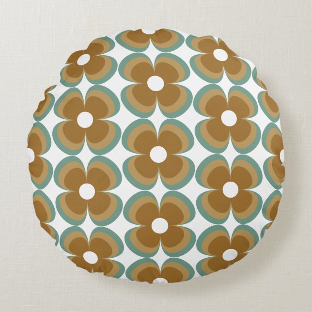 Trendy Teal Caramel Retro Groovy Flowers Seamless Round Cushion (Front)
