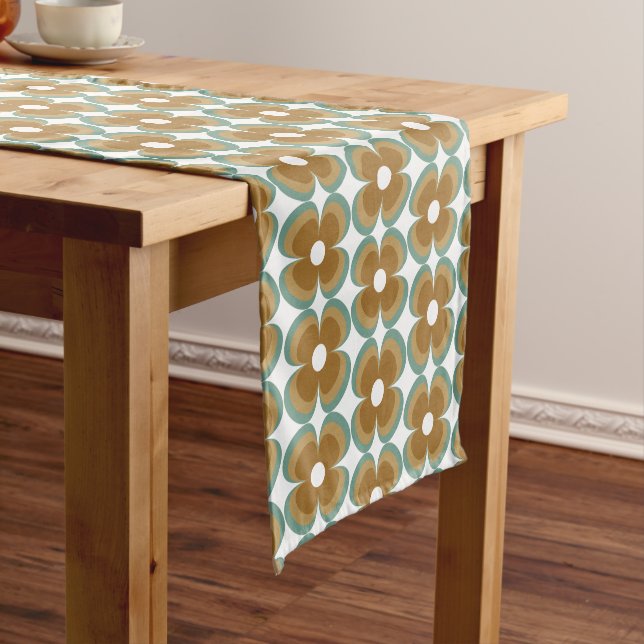 Trendy Teal Caramel Retro Groovy Flowers Seamless Short Table Runner (In Situ)