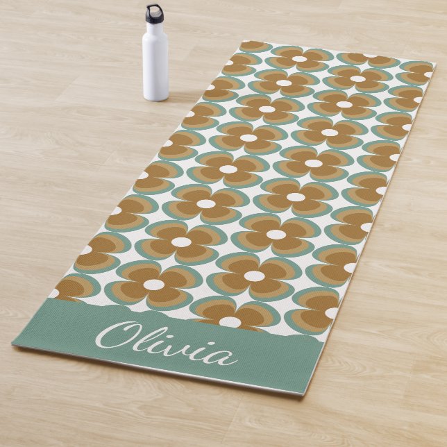 Trendy Teal Caramel Retro Groovy Flowers Seamless Yoga Mat (In Situ)