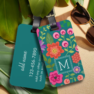 Trendy Teal Floral Pattern with Custom Monogram Luggage Tag