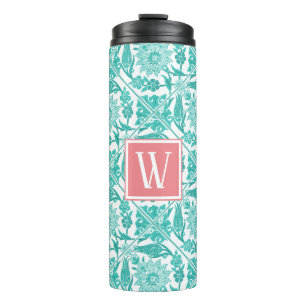 Trendy Teal Floral Tiles & Pink Monogram Thermal Tumbler