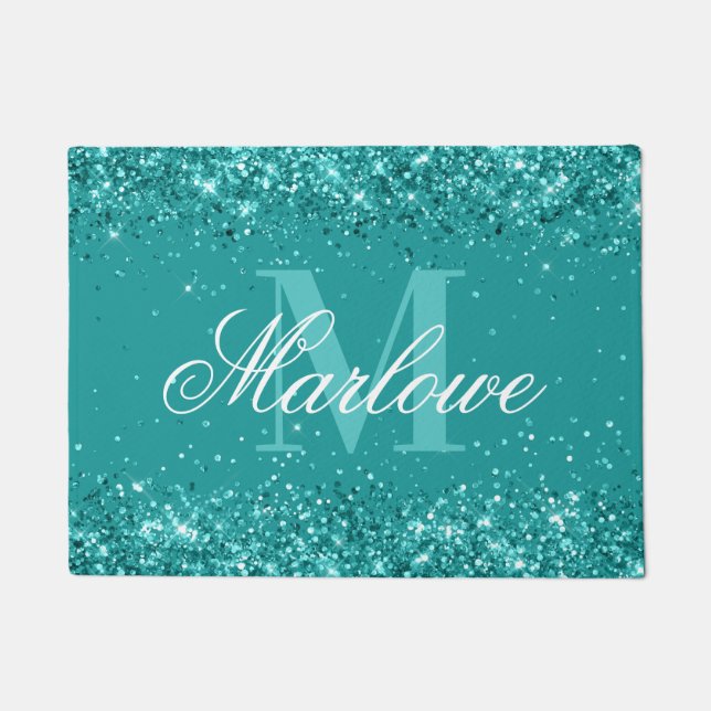 Trendy Teal Glitter Blue Green Monogram Doormat (Front)