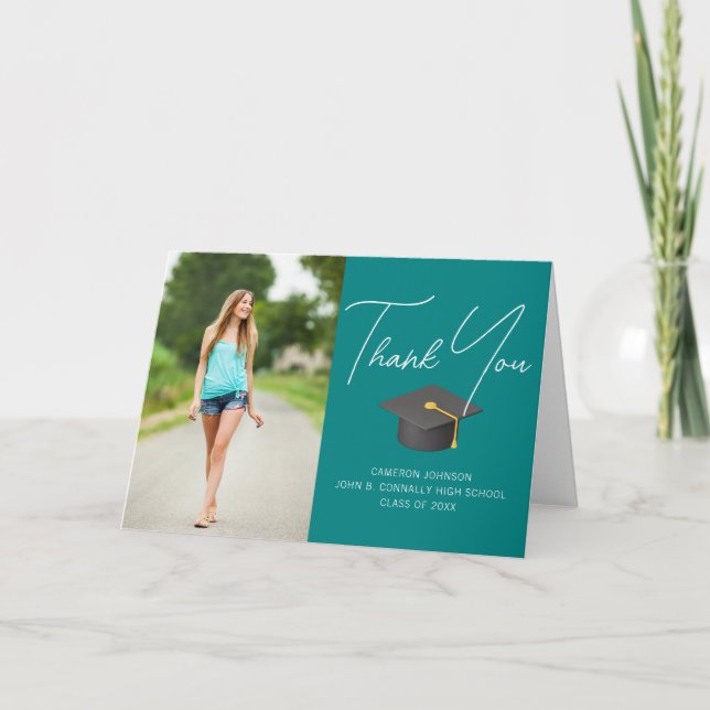 Trendy Teal Graduate Photo Custom Graduation Thank You Card (Front)