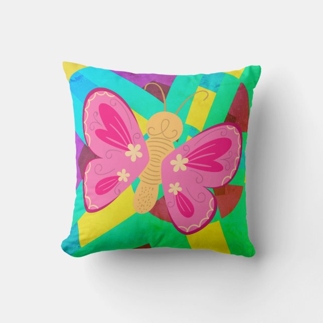 Trendy Teal, Green and Pink abstract butterfly   Cushion (Front)