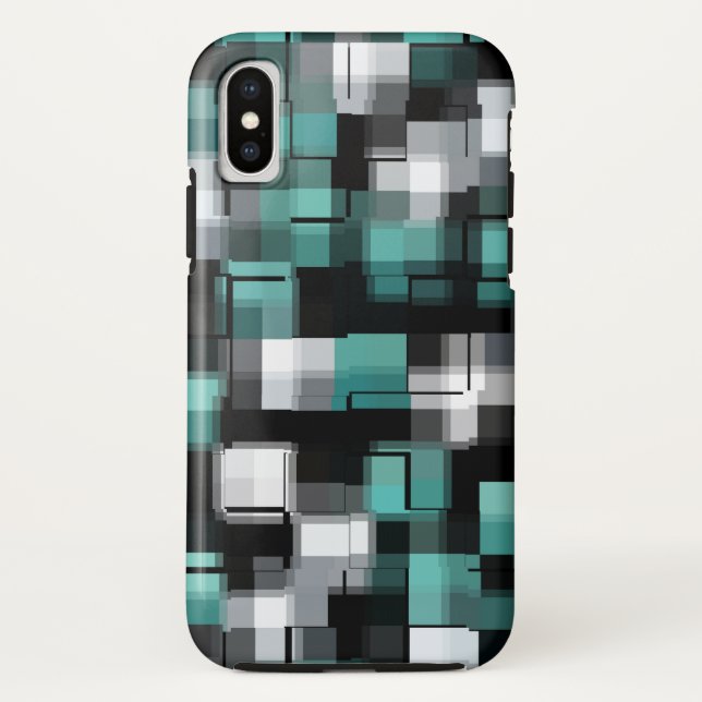 Trendy Teal Green Blue Black White Abstract Plaid Case-Mate iPhone Case (Back)